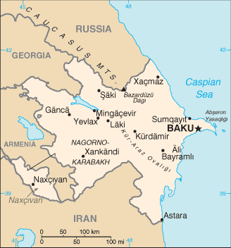 Azerbaijan.  The enclave on the left is Nakhchivan.  Not shown on the map, Turkey has a 10 km border with Nakhchivan. <font size=-2>(Source: CIA World Fact Book)</font>