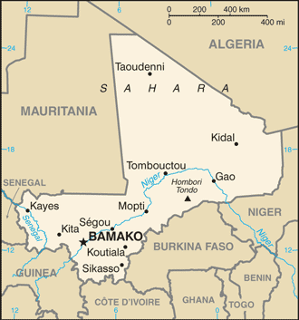 Mali.  Timbuktu is shown on the map with the French spelling, Tombouctou (CIA World Fact Book)