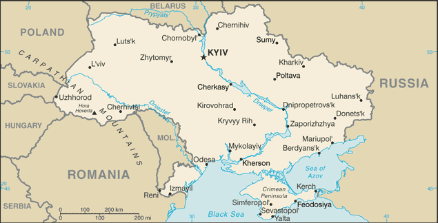 Ukraine - Crimea is the peninsula at the bottom, jutting into the Black Sea