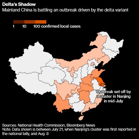 Spread of Wuhan Coronavirus Delta variant in China (Bloomberg)