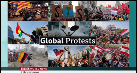 Countries experiencing major anti-government street protests.  Top row (L-R): Barcelona/ClimateChange/Russia; Middle row: Bolivia/HongKong/Iraq; Bottom row: Ecuador/Chile/Lebanon (BBC)