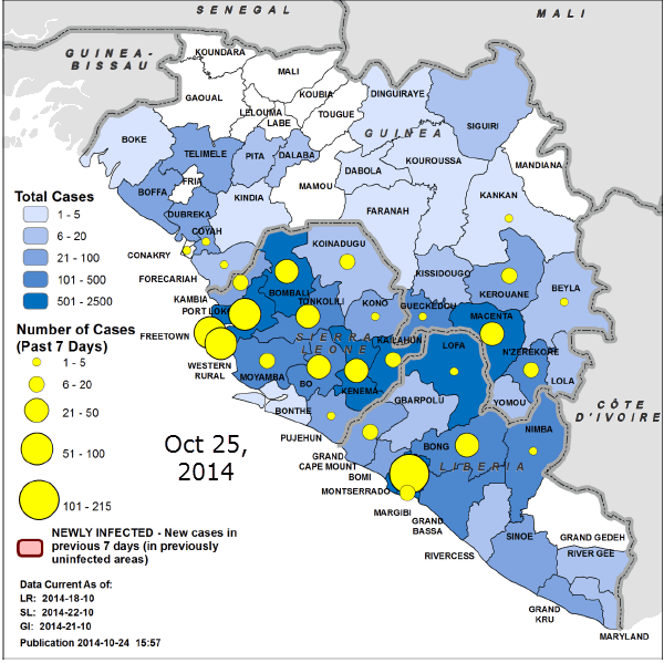 Ebola location map, 25-Oct-2014 (WHO)