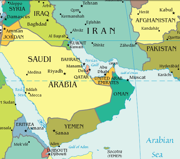 Persian Gulf region. Bahrain's 33 small islands are a tiny dot in this map