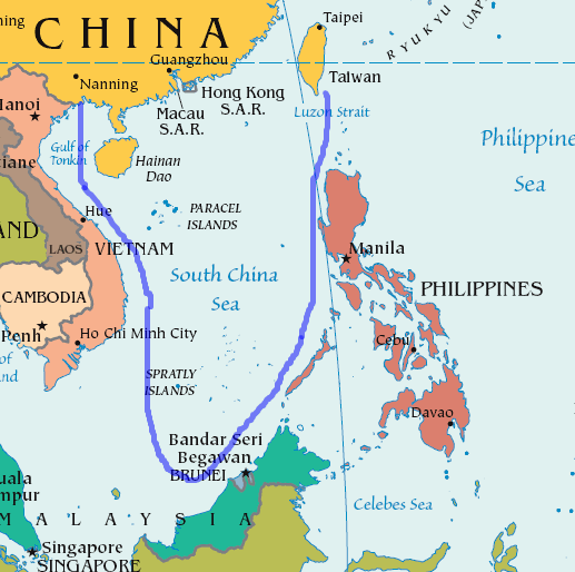 South China Sea, with blue line added to show region claimed by China as part of its sovereign territory, including oil and gas deposits