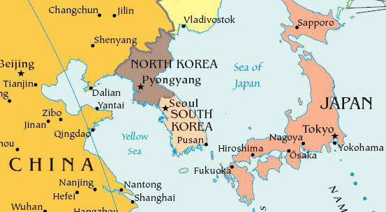 Yellow Sea and Sea of Japan -- called East Sea and West Sea, respectively, by S. Korea
