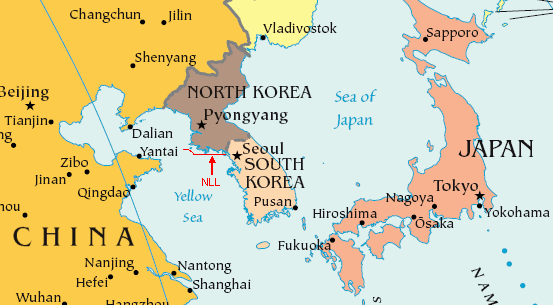 Yellow Sea and Sea of Japan -- called East Sea and West Sea, respectively, by Korea. NLL = Northern Limit Line - the line defining North Korea's territorial waters