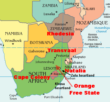 Southern Africa, showing colonial names in red