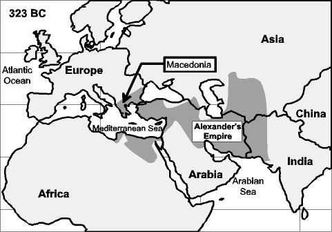  Alexander the Great's empire at his death in 323 BC.  Alexander spread Greek culture throughout the entire region, affecting the direction of history for centuries.