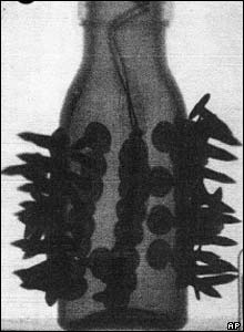 Xray of bomb packed with nails.  This picture is related to the July 7 attacks. <font size=-2>(Source: ABC News)</font>