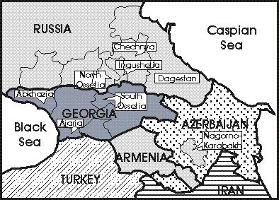 Troubled areas in Caucasus region - including Dagestan, North Ossetia and Chechnya in Russia, and breakaway regions of Abkhazia and South Ossetia in Georgia