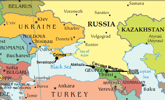 The Black Sea, Caucasus, Caspian Sea region.  Poland is just west of Ukraine.