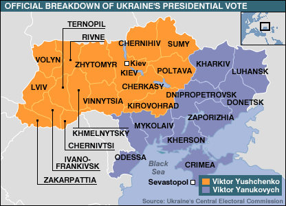 East/West Ukraine split in Presidential vote. <font size=-2>(Source: BBC)</font>