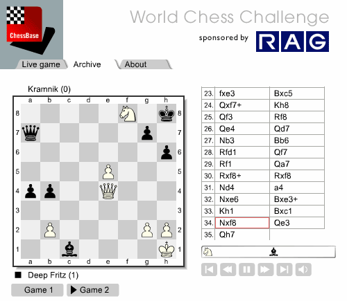 White has just captured Black's Rook on f8 with his Knight.  Incredibly, Black played Qe3??, completely overlooking White's Qh7 checkmate!