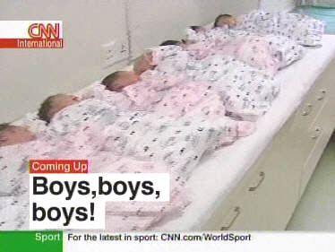 Typical Chinese maternity ward: Five boys (white) and three girls (pink) <font face=Arial size=-2>(Source: CNN)</font>