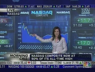 Lovely CNBC anchor Rebecca Jarvis points to the Nasdaq all-time high in 2000, to show how today's value is around 50%. <font face=Arial size=-2>(Source: CNBC)</font>