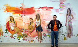 Chinese artist Liu Xiaodong standing in front of painting <i>Hot Bed</i>. The painting sold for $2.5 million. <font size=-2>(Source: theaustralian.news.com.au)</font>