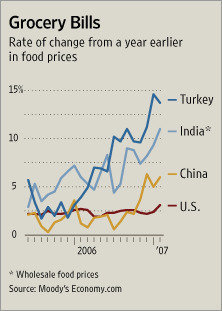 Rate of food price inflation in US, China, India and Turkey. <font size=-2>(Source: WSJ)</font>