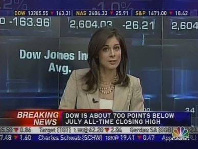 The lovely CNBC anchor Erin Burnett reports the bad news on Wall Street. <font face=Arial size=-2>(Source: CNBC)</font>