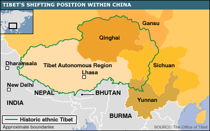 Historic ethnic Tibet region within western China Over the centuries, parts of Tibet were taken by the Han Chinese, incorporated into separate provinces of Qinghai, western Sichuan and northwestern Yunnan. <font face=Arial size=-2>(Source: BBC)</font>