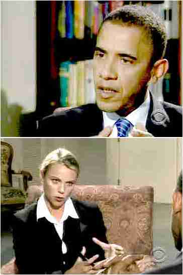 Unsmiling, sexy, sultry CBS correspondent Lara Logan interviews rock star Senator Barack Obama in Kabul. <font face=Arial size=-2>(Source: CBS)</font>