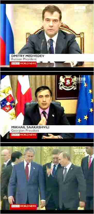 Top: Russia's President Dmitri Medvedev; Middle: Georgia's President Mikheil Saakashvili; Bottom: Russian Prime Minister Vladimir Putin scolds American President George Bush at Beijing Olympics. <font face=Arial size=-2>(Source: BBC)</font>