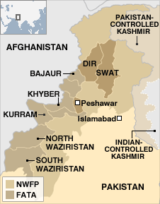 Pakistan Northwest Frontier Province (NWFP) and Federally Administered Tribal Areas (FATA), with Afghanistan on the left <font face=Arial size=-2>(Source: BBC)</font>