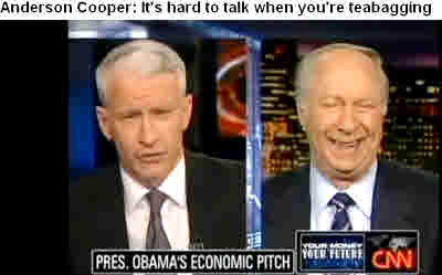 CNN's Anderson Cooper says, "It's hard to talk when you're teabagging," and David Gergen laughs. <font face=Arial size=-2>(Source: CNN/YouTube)</font>