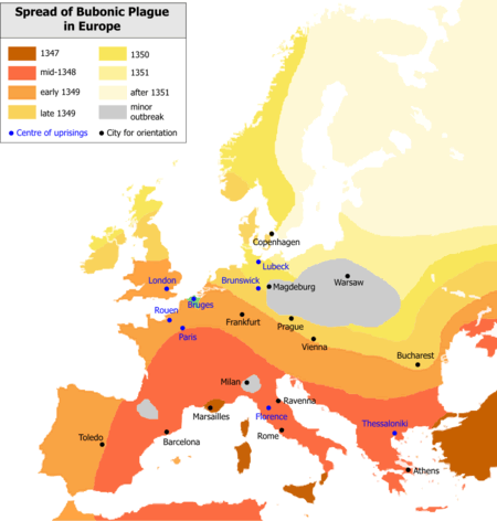 Spread of Bubonic Plague in Europe, 1347-51 <font size=-2>(Source: urbancartography.com)</font>