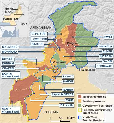 Pakistan's FATA and Northwest Frontier Province - government vs Taliban controlled districts <font face=Arial size=-2>(Source: BBC)</font>