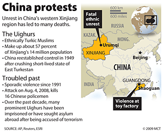 China's Xinjian province is scene of violent riots and demonstrations <font face=Arial size=-2>(Source: CS Monitor)</font>