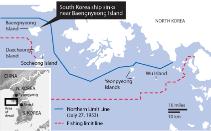 Yellow Sea location where South Korea ship sinks because of explosion near North Korean waters <font size=-2>(Source: wsj.com)</font>