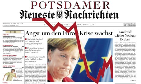 Grim-faced Angela Merkel under the headline, "Fear about the euro crisis grows." The red line is a graph of the euro versus the dollar, on the front page of German newspaper Potsdamer Neueste Nachrichten <font face=Arial size=-2>(Source: Guardian)</font>