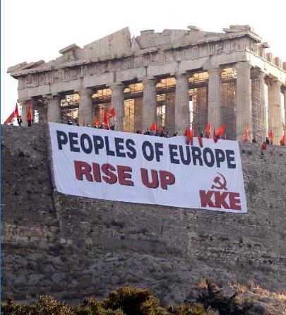 Giant banner near the Parthenon in Athens, hung by Greece's communist party