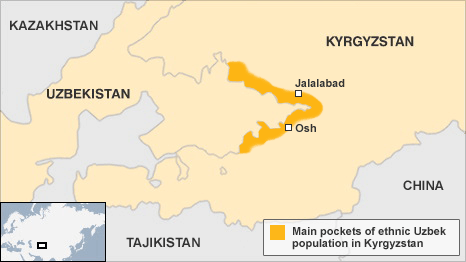 Kyrgyzstan: Main pockets of ethnic Uzbek population <font size=-2>(Source: BBC)</font>