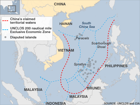 Conflicting claims in the South China Sea.  China claims the entire area bordered by the dotted red line. <font size=-2>(Source: BBC)</font>