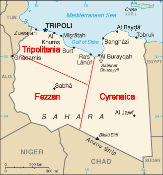 Libya, showing the three historic divisions: Tripolitania, Fezzan and Cyrenaica