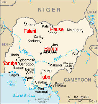 Nigeria, showing major historic tribes.  Northern tribes (Fulani, Hausa) are generally Muslim, southern tribes (Yoruba, Igbo, Berom) are generally Christian.
