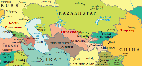 Central Asia, highlighting North Caucasus, Uzbekistan, Xinjiang