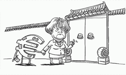 Angela Merkel knocks on the imperial gate, seeking a handout for her problem child, the euro as an ailing little old man, unshaven, bandaged and weak (Global Times, Beijing)