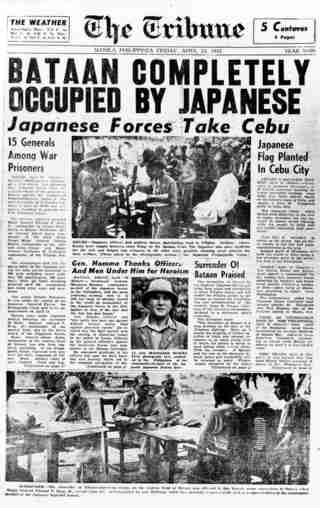 Japanese-controlled Philippine media - Friday, April 24, 1942, newspaper claims that Japanese occupation will bring 'peace and tranquility' to the Philippines (U.S. Air Force)