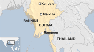 Burma, showing Kanbalu, Meiktila and Rakhine State, all sites of recent violence (BBC)