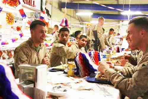 Marines at Forward Operating Base Geronimo, Afghanistan, Nov 22, 2012, eat turkey dinner