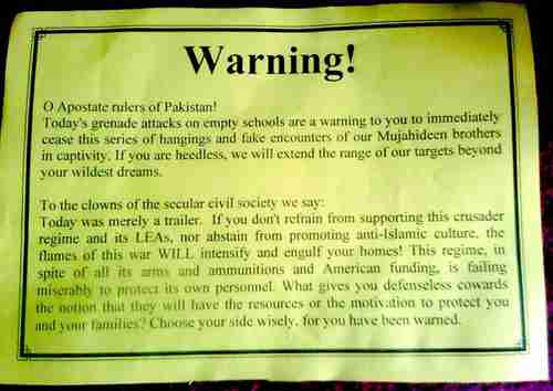 Warning letter left by terrorists after bombing Karachi school on Tuesday