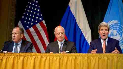 L-R: Sergei Lavrov, United Nations Special Envoy for Syria Staffan de Mistura, and John Kerry in Vienna on Friday (state.gov)