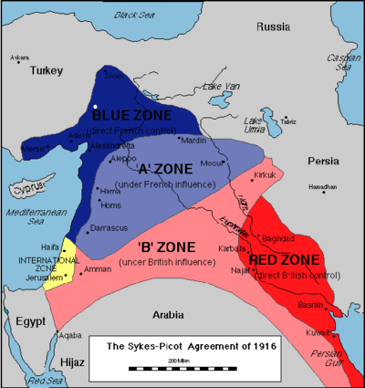 The 1916 Sykes-Picot agreement split the Mideast between Britain and France (Jewish Virtual Library)