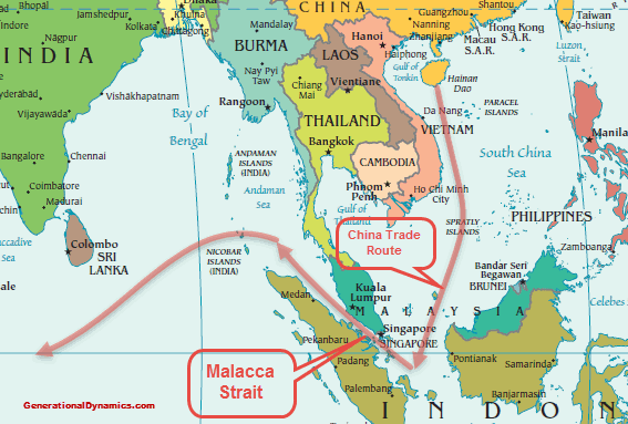 China commercial and military route through Malacca strait