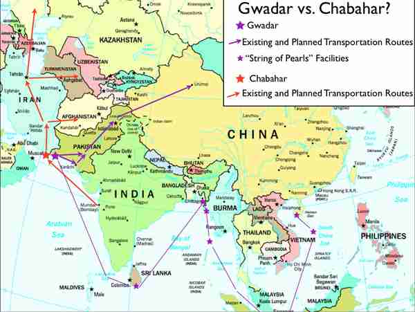 Map displaying the trade routes related to the Chabahar and Gwadar ports.  Purple lines show China's trade routes through Gwadar, while red lines show India's planned trade routes through Chabahar.  (Defence.pk)