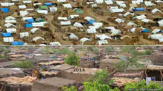 Darfur refugee camp - changes from 2005 to 2014.  Tarpaulin roofs have been covered with mud bricks as homes have morphed into permanent settlements, packed between narrow alleys.  (BBC)