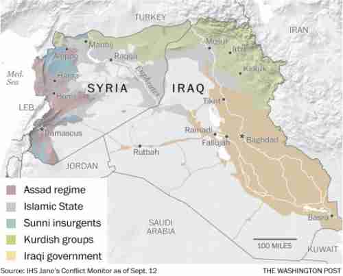 Map of Syria and Iraq, showing who's in control of different regions (WaPost)