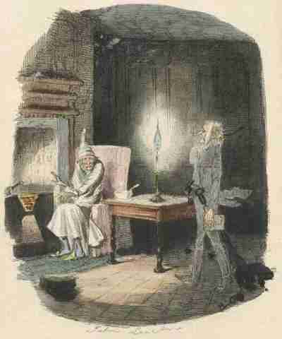 Ebenezer Scrooge meets Jacob Marley's ghost -- by John Leech, from the 1843 edition of Charles Dickens' A Christmas Carol.  Greece used this picture to accuse European officials of being Scrooges. (Gutenberg)